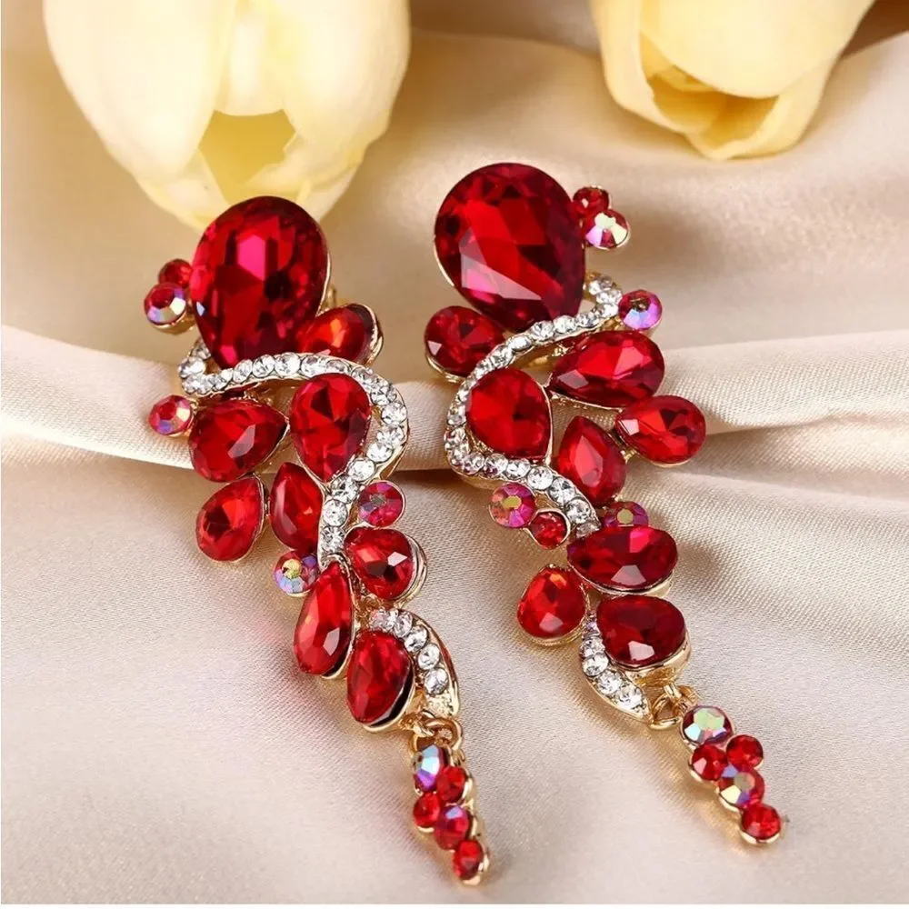Yellow Gold with Ruby Red and AB Austrian Crystal Chandelier Clip On Earrings